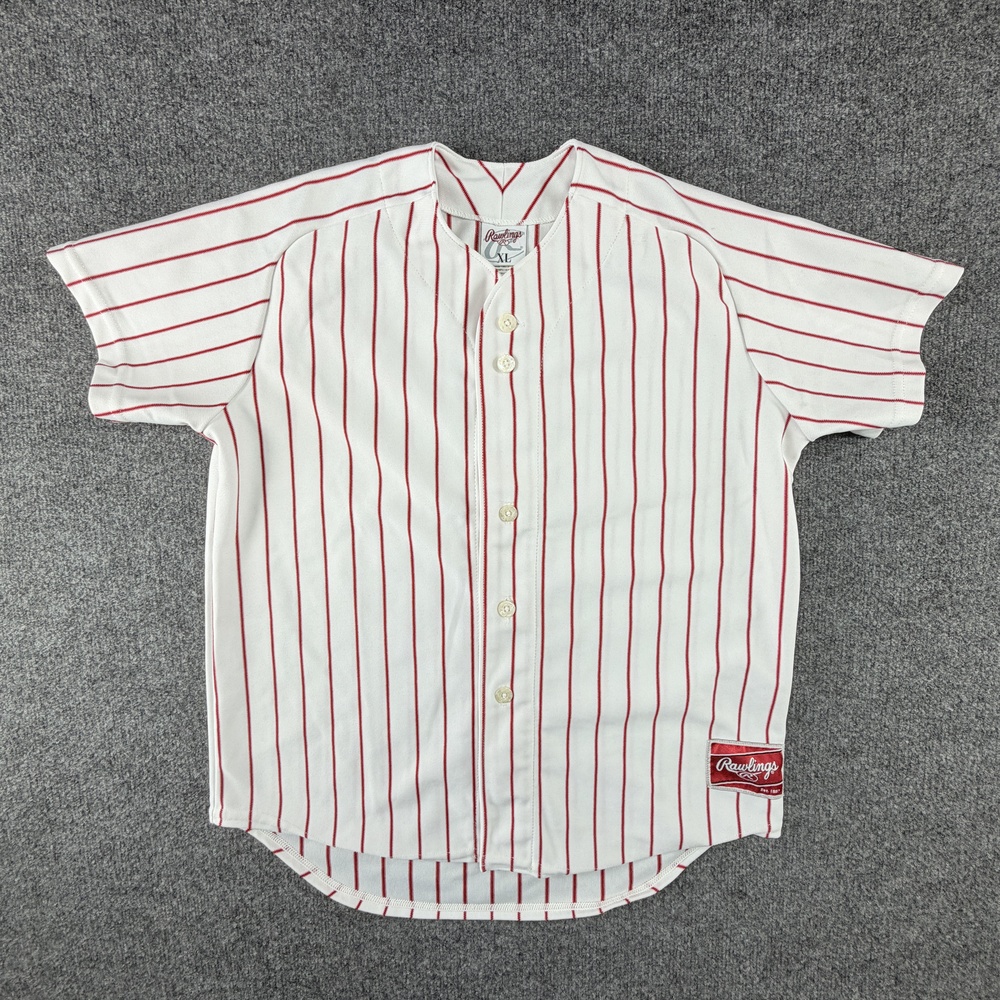 Rawlings Jersey Shirt Youth XL White Red Pinstripe Button Baseball Top